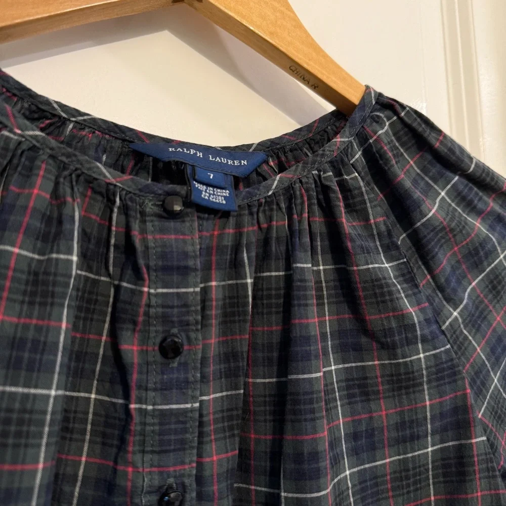 Ralph Lauren Plaid Blouson Top Dark Green Shimmery Buttons 7 Christmas Holiday